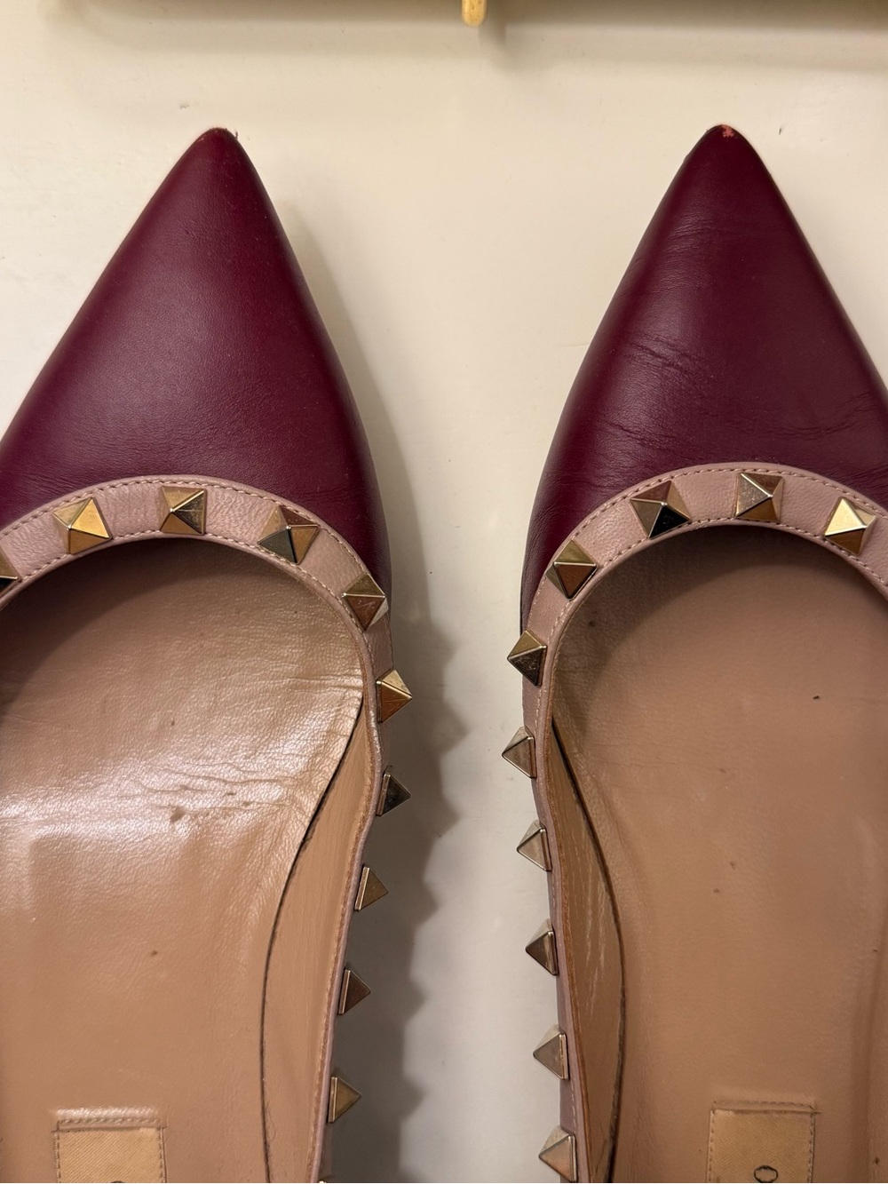 Valentino Burgundy Pointed Rockstud Leather Flats - Picture 2 of 8